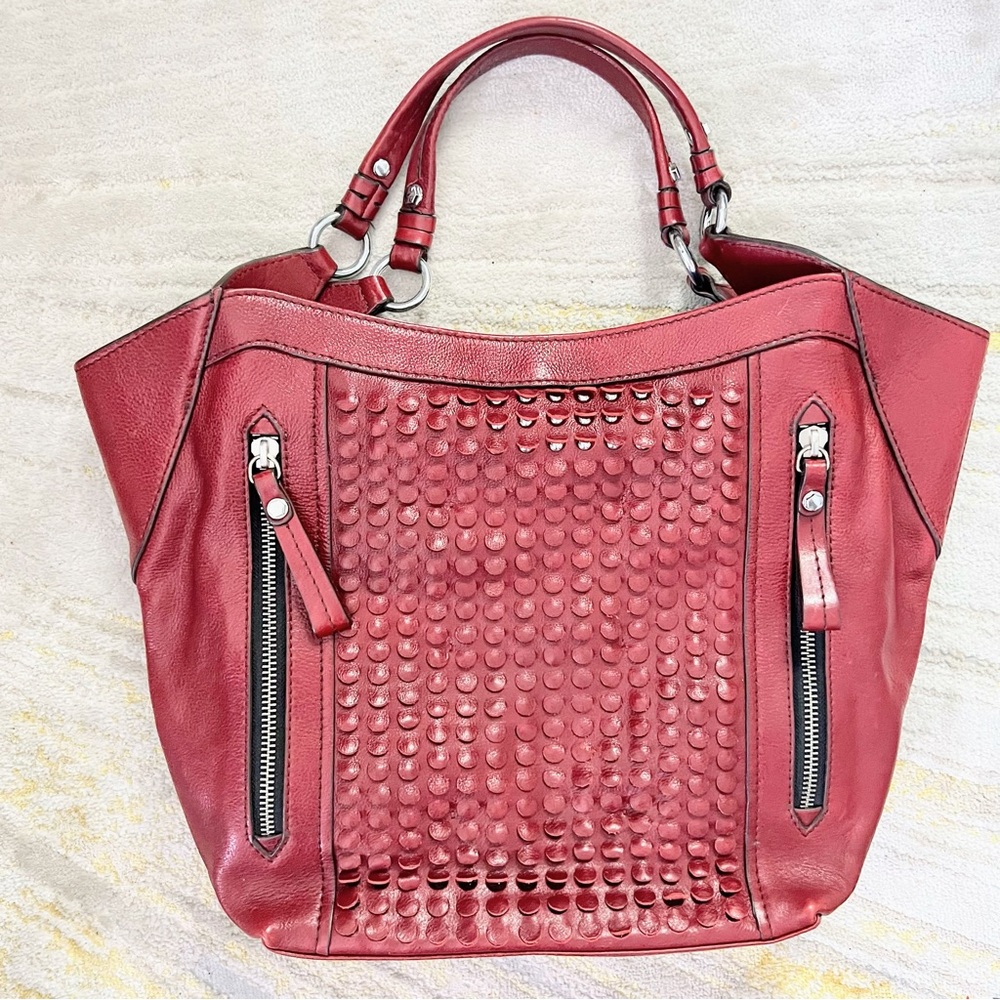 Oryany Red Leather Satchel with Studded Detail